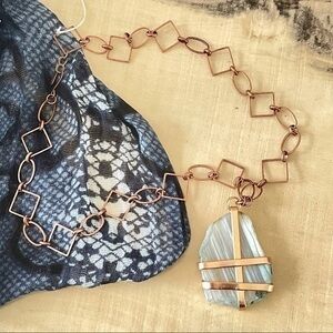 Handmade Copper Wrap Agate Pendant Chain Statement Necklace Hand Crafted